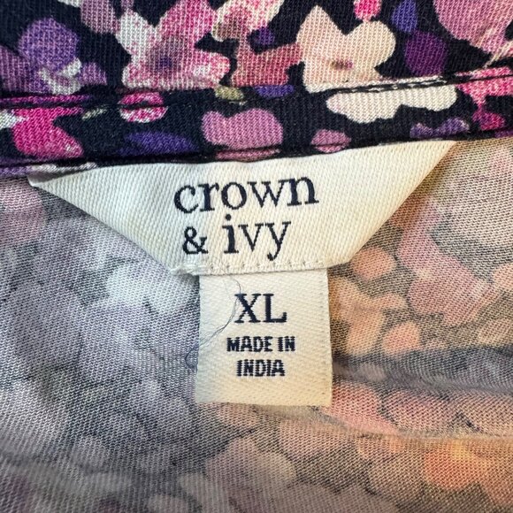 Crown & Ivy Floral Blouse Womens Purple Pink Long Sleeve Ruffle Neck Size XL - Picture 4 of 9